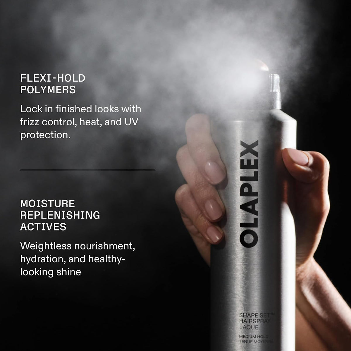 Olaplex Shape Set hairspray mist with flexible-hold polymers and moisture-replenishing actives