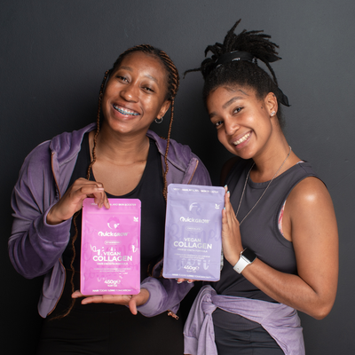 Quick Grow Chocolate Vegan Collagen 450g served with a lifestyle shaker