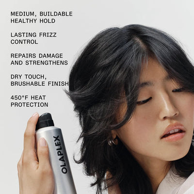 Woman spraying Olaplex Shape Set flexible-hold hairspray for frizz control and heat protection