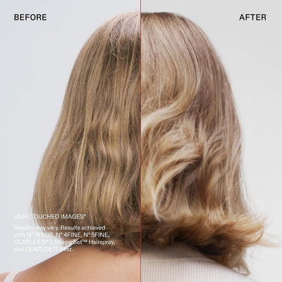 Before and after Olaplex Shape Set Hairspray on blonde wavy hair