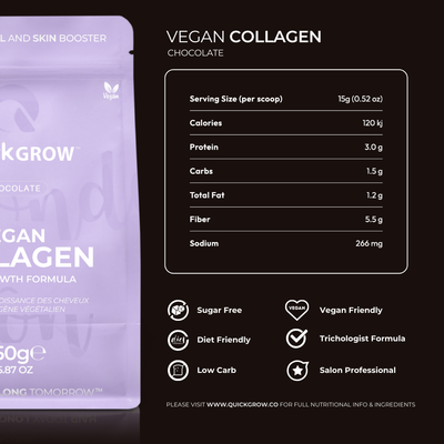 Ingredient and label information for Quick Grow Chocolate Vegan Collagen 450g