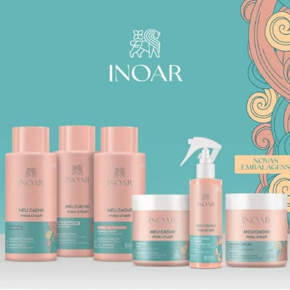 Full Inoar My Curl My Crush haircare range including shampoo, conditioner, and styling products, designed for curly hair care and moisture balance.