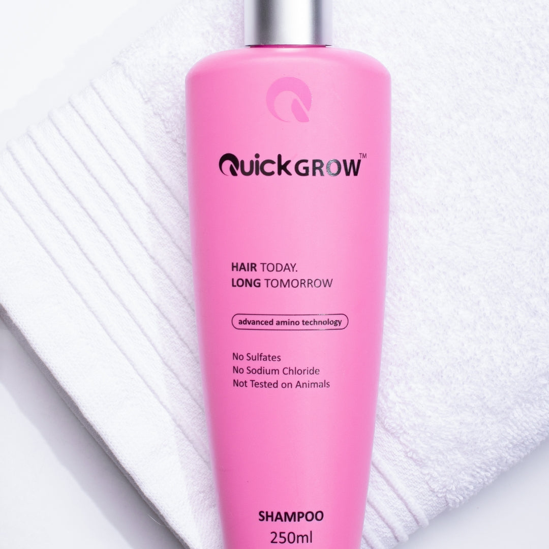 Official product and benefits graphic for Quick Grow Biotin Shampoo 250ml