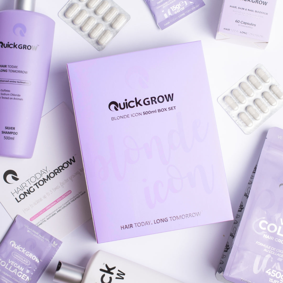 Official product and benefits graphic for Quick Grow Blonde Icon Shampoo and Conditioner Box Set 500ml