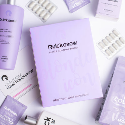 Official product and benefits graphic for Quick Grow Blonde Icon Shampoo and Conditioner Box Set 500ml