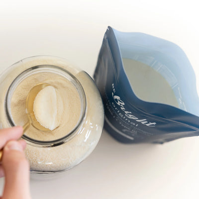 Be Bright Original Collagen Powder 350g in a jar, showcasing its fine texture and premium quality for optimal absorption.