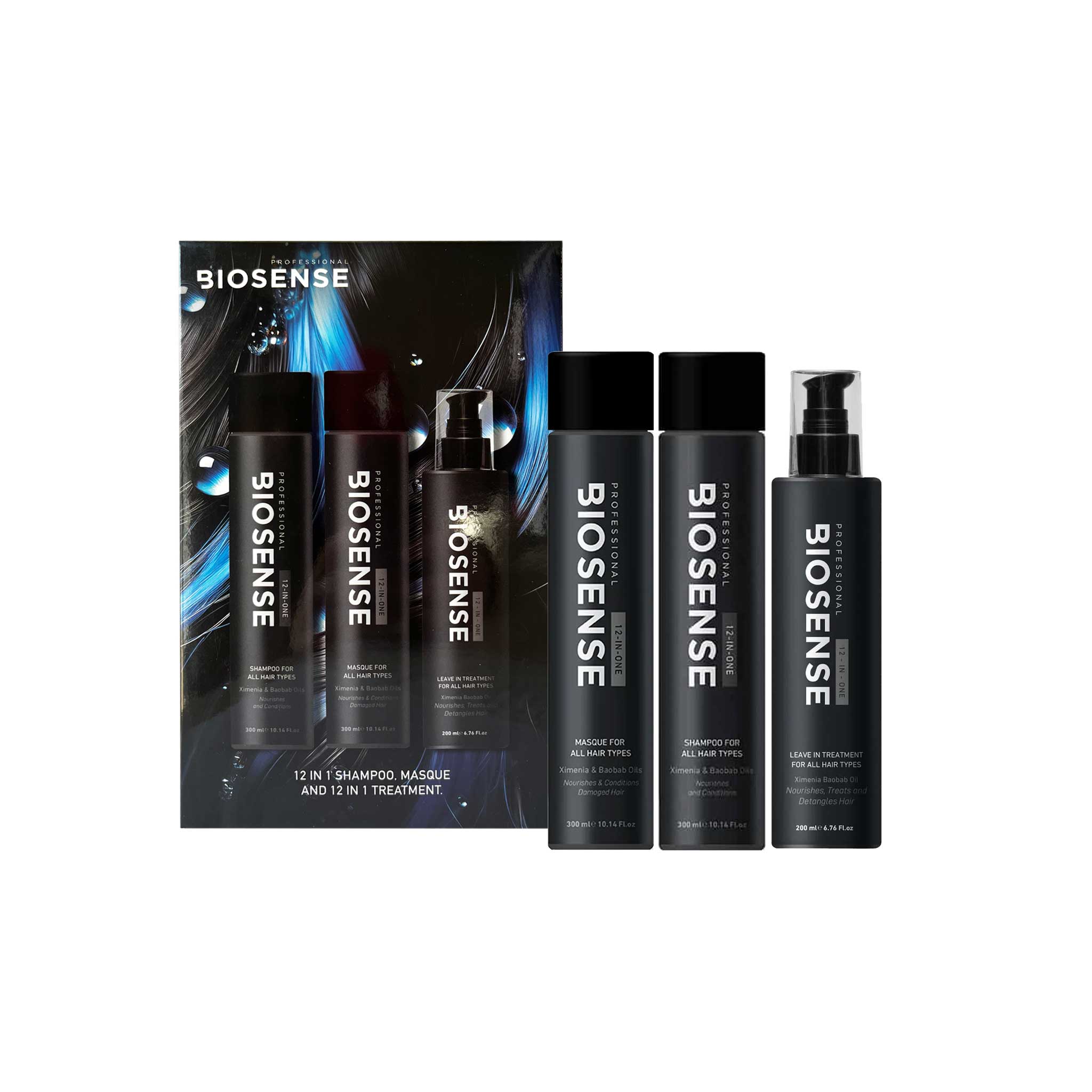 BioSense hair care product set including bottles and packaging on a white background