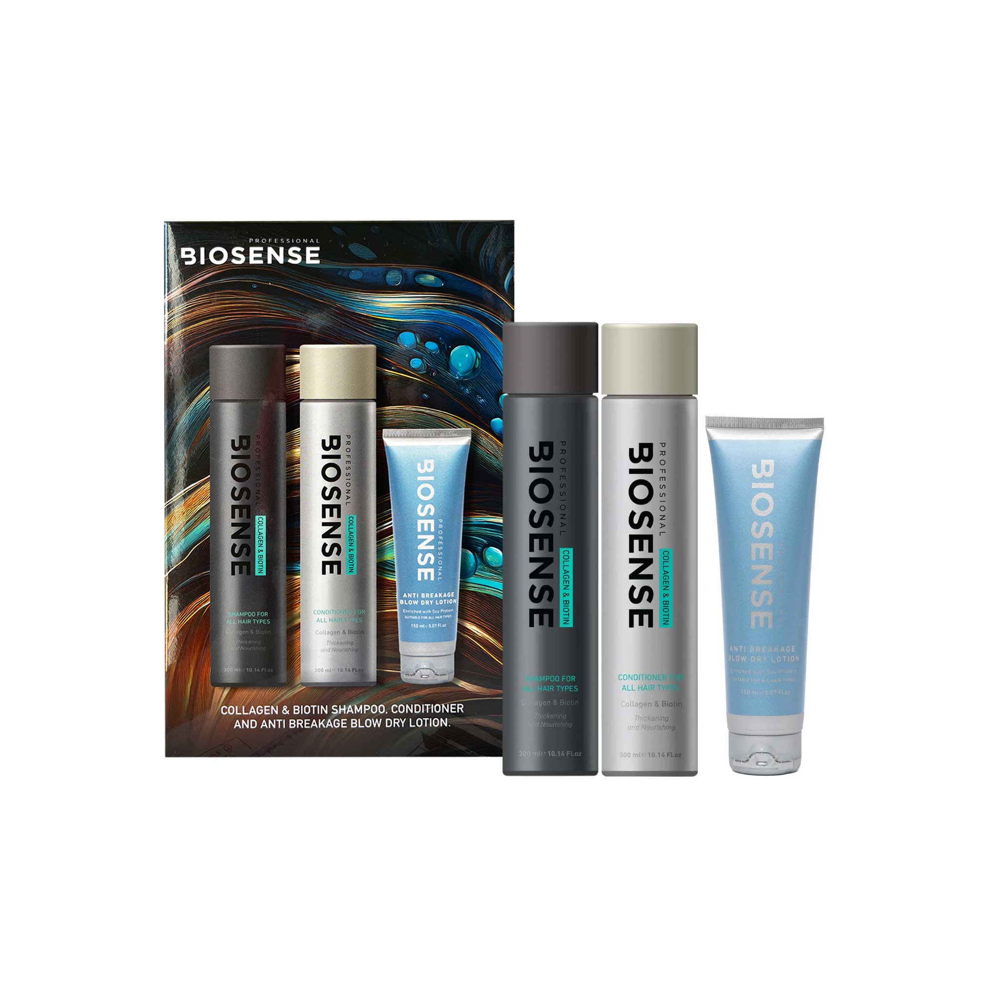 BioSense hair care product set including shampoo, conditioner, and lotion on a white background comes in a reta box sa