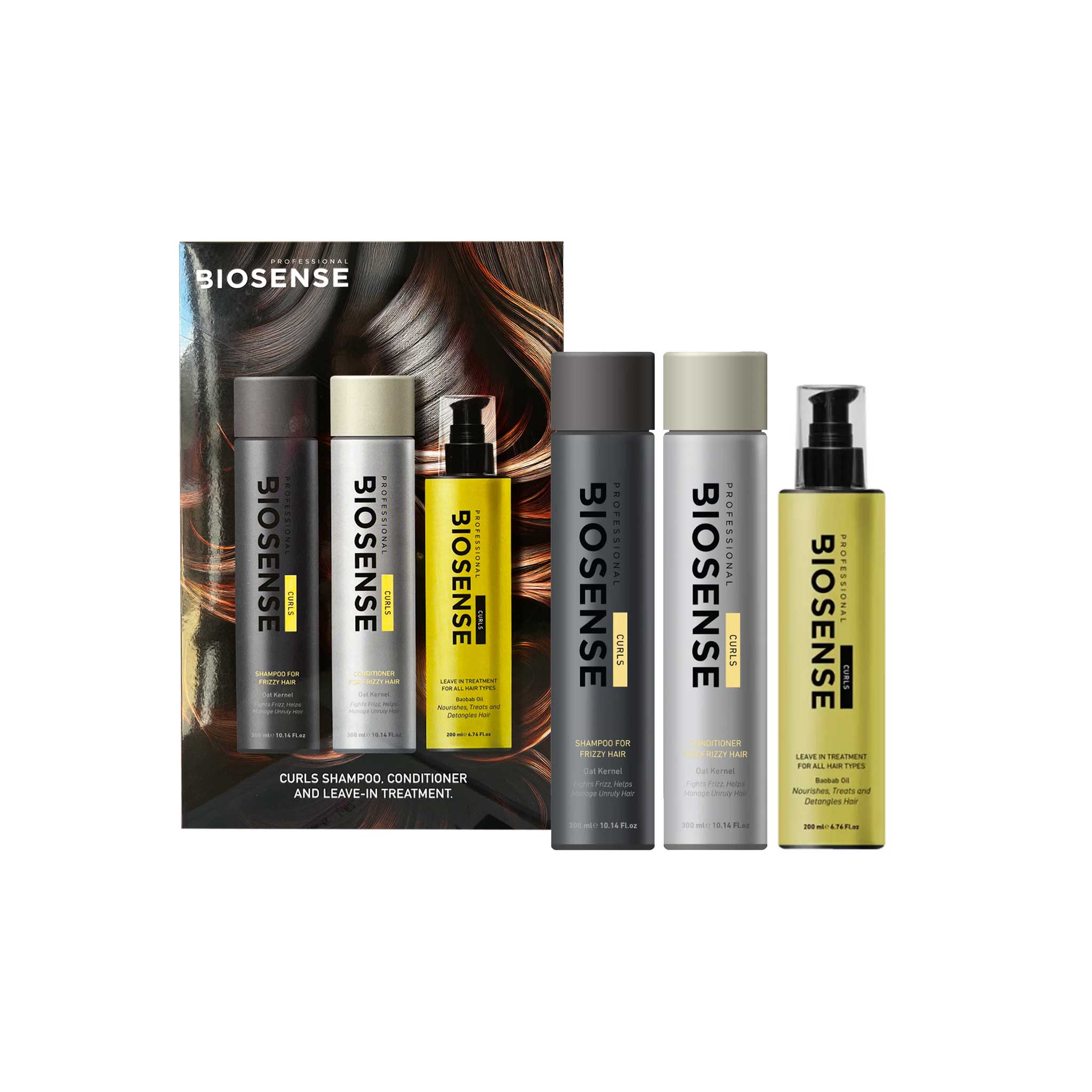 BIOSENSE hair care product set in a retail box sa including shampoo, conditioner, and leave-in treatment on a white background.