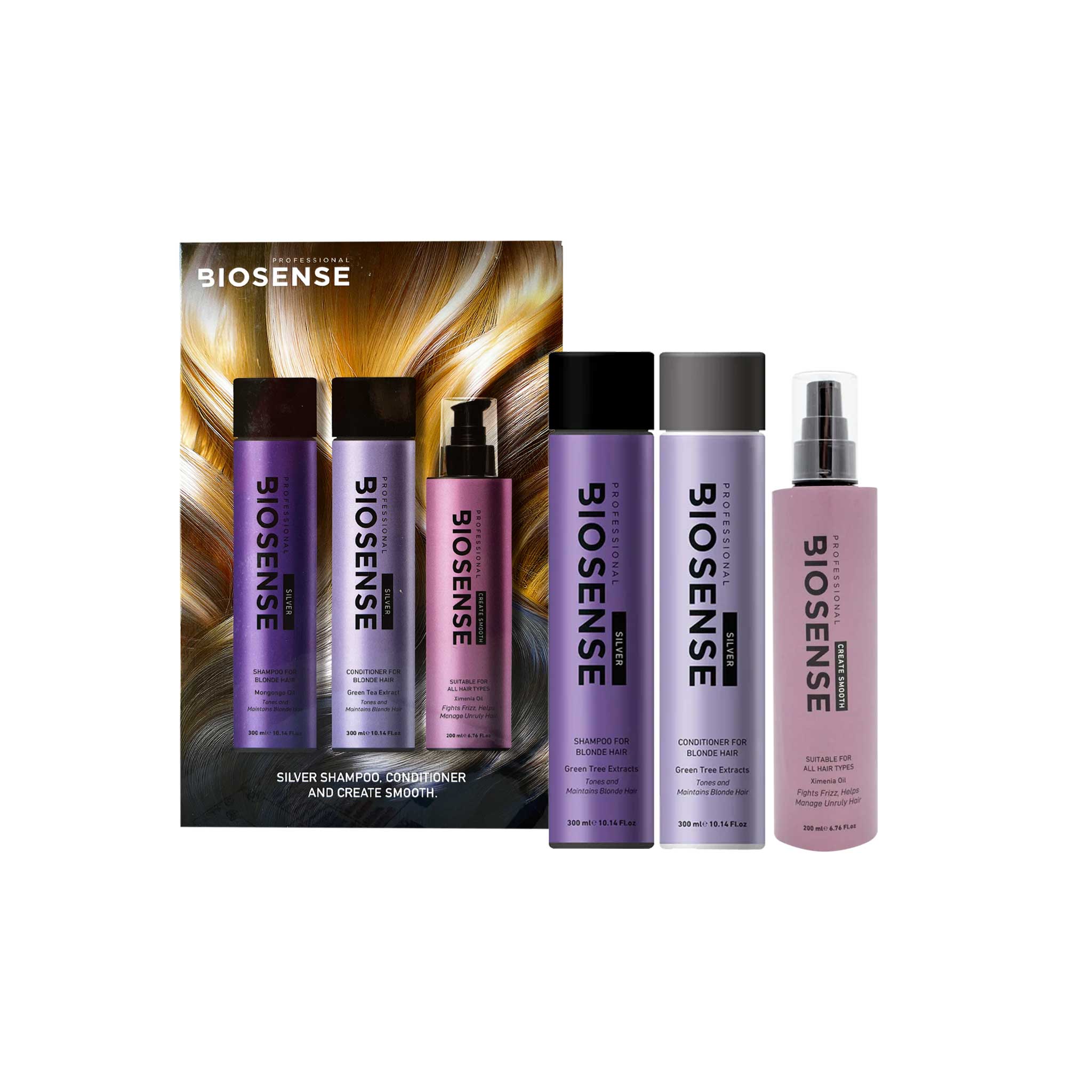 BioSense hair care product set with bottles and a retail box on a white background