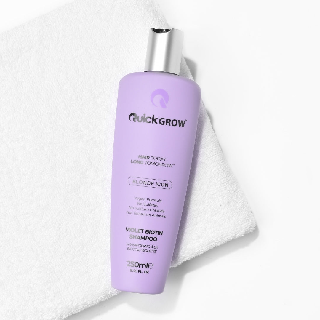 Quick Grow Blonde Icon Violet Shampoo 250ml styled on a towel