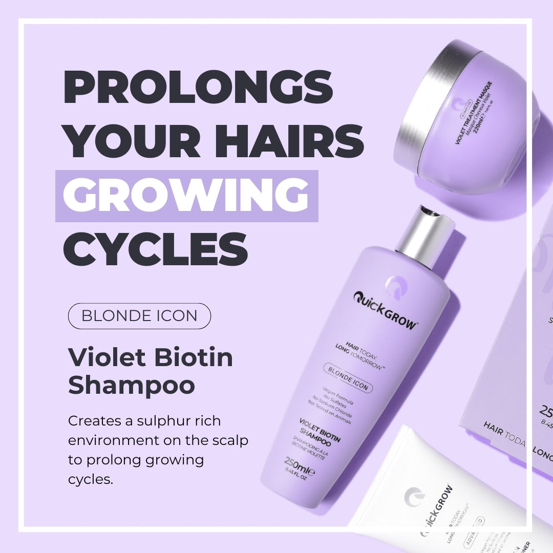 Hair results and lifestyle image for Quick Grow Blonde Icon Violet Shampoo 250ml