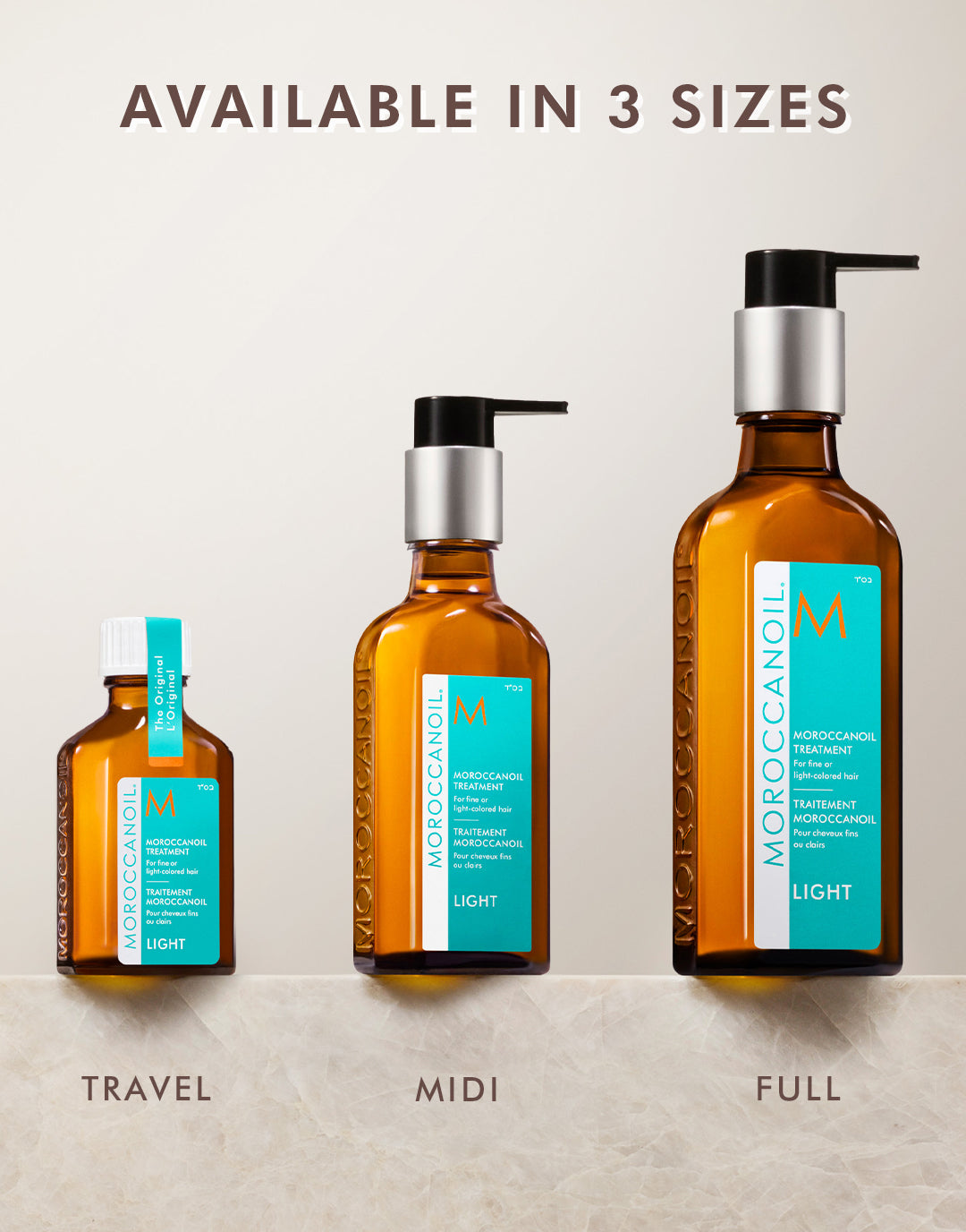 Moroccanoil Light Treatment size comparison — 25ml 50ml and 100ml travel and full size options available