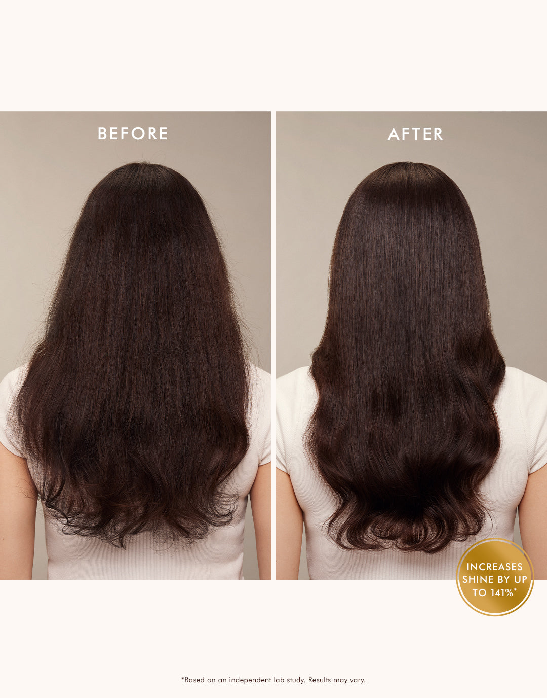 Moroccanoil Treatment Mist before and after — dull flat hair transformed to shiny smooth and manageable