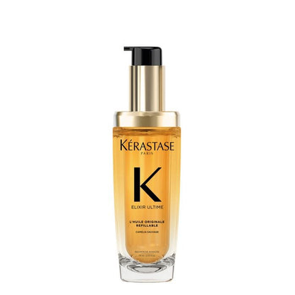 Gold-colored glass bottle of Kérastase hair product with a black pump dispenser.