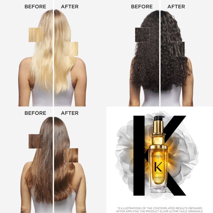 Hair product advertisement showing before and after results on different hair types alongside a golden oil bottle.