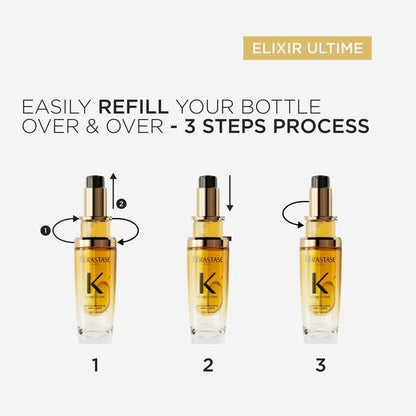 Gold-colored glass bottle with a pump dispenser labeled ’Elixir Ultime’ and ’K’ logo.