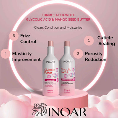 INOAR Glycolic Force Shampoo & Conditioner: Frizz Control, Cuticle Sealing, Porosity Reduction, Elasticity Improvement.