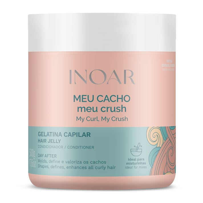 Hair product container with pink and teal color scheme labeled ’INOAR Meu Cacho Meu Crush’.