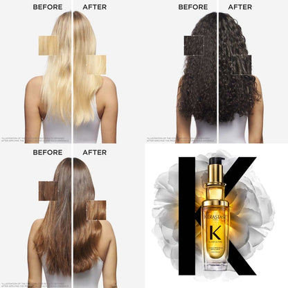 Hair product advertisement showing before and after results on different hair types alongside a bottle of hair oil.