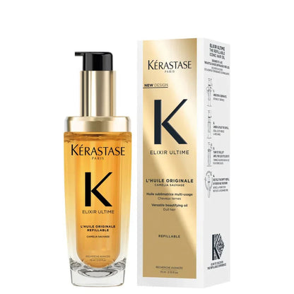 Gold-colored bottle of Kérastase Elixir Ultime hair oil with its product packaging.