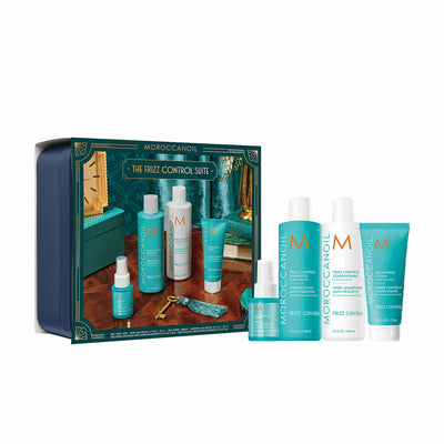 Moroccanoil Frizz Control Holiday Gift Set 2026 in festive box with shampoo, conditioner, Frizz Shield Spray and Smoothing Lotion