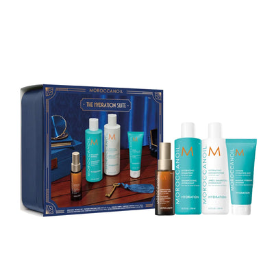 Moroccanoil Hydration Holiday Gift Set 2026 in festive box with shampoo, conditioner, mask and treatment