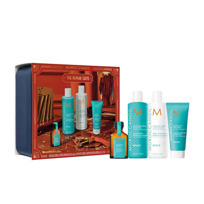 Moroccanoil Repair Holiday Gift Set 2026 in festive box with shampoo, conditioner, mask and treatment