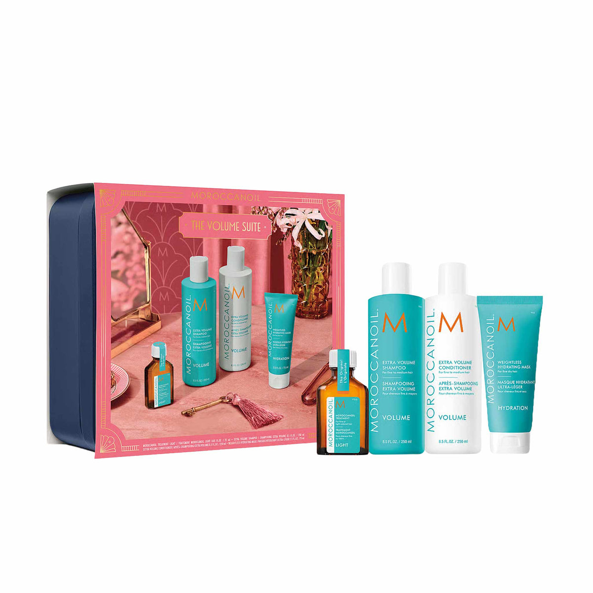 Moroccanoil Volume Holiday Gift Set 2026 in festive box with shampoo, conditioner, mask and treatment