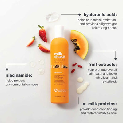 Milkshake Moisture & More Shampoo: Hydrating formula with hyaluronic acid, niacinamide, fruit extracts, & milk proteins.