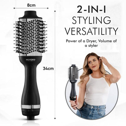 Round-barreled hair styling tool with bristles for drying and volumizing hair.