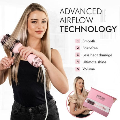 Hair styling tool with advanced airflow technology, featuring a round brush design and pink coloration.