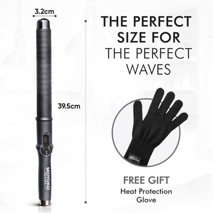 Cylindrical black hair curling wand with measurements indicated.