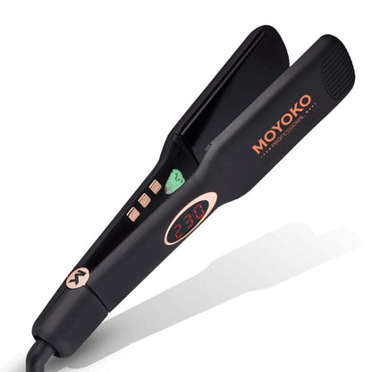 Black hair straightener with ’MOXOKO’ branding and temperature controls.