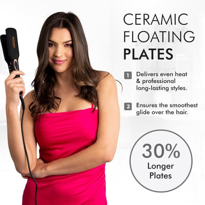 Hair straightener with ceramic floating plates held by a woman in a red top.