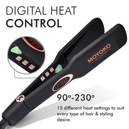 Hair straightener with digital heat control and multiple temperature settings.