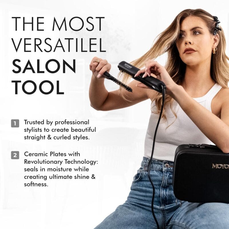 Hair styling tool combining a brush and flat iron with ceramic plates.