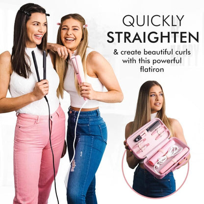 Hair straightener and curling iron set advertised for quickly straightening hair and creating curls.