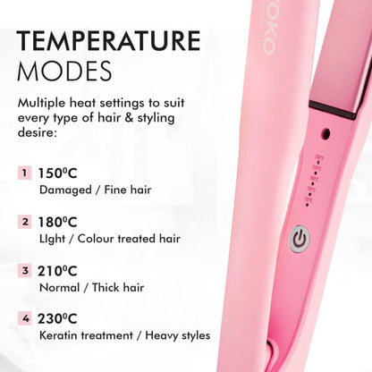 Pink hair straightener with multiple temperature settings displayed.