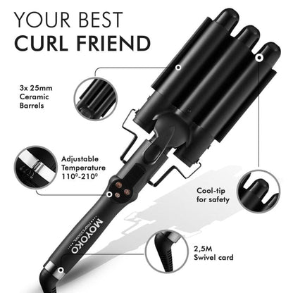 Triple-barrel hair curling iron with adjustable temperature and ceramic barrels.