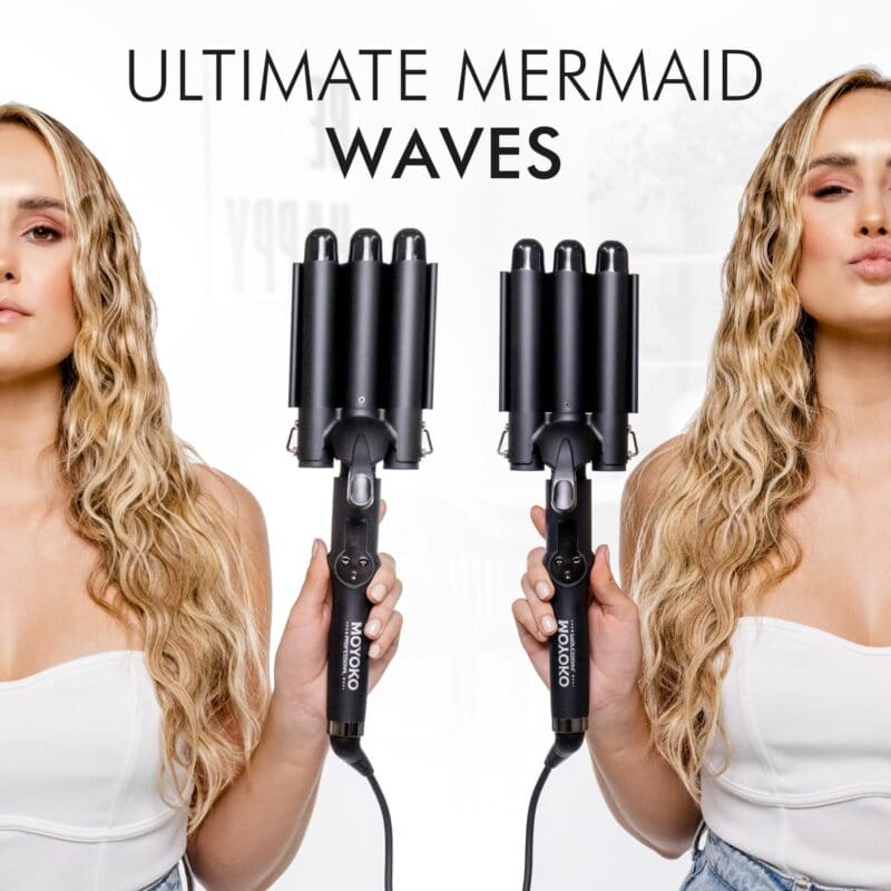 Triple-barreled hair styling tool for creating wavy hairstyles.