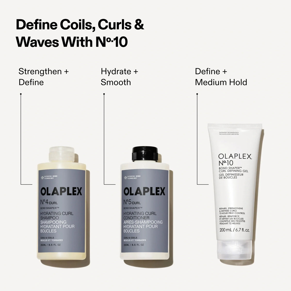 Olaplex No.4 curl shampoo, No.5 curl conditioner and No.10 gel to define coils, curls and waves