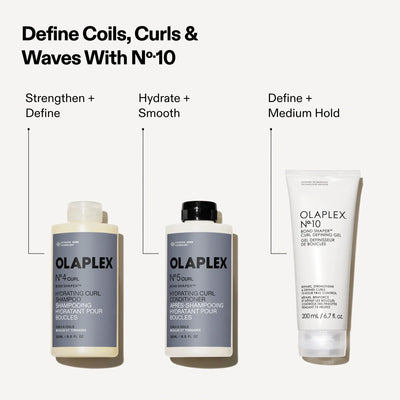 Olaplex No.4 curl shampoo, No.5 curl conditioner and No.10 gel to define coils, curls and waves