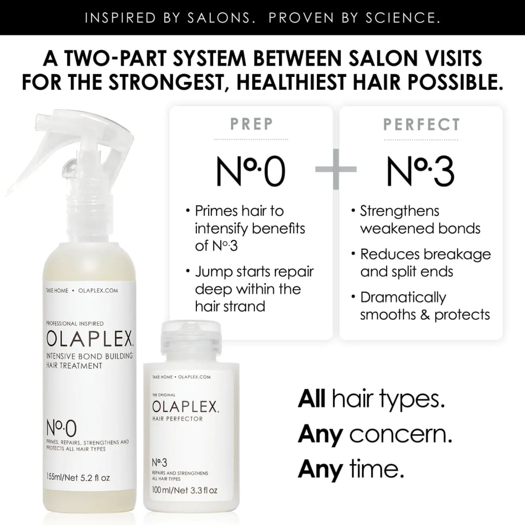 Hair care product bottles from the Olaplex brand, featuring their No. 0 and No. 3 treatments.