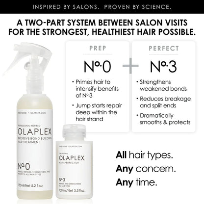 Hair care product bottles from the Olaplex brand, featuring their No. 0 and No. 3 treatments.