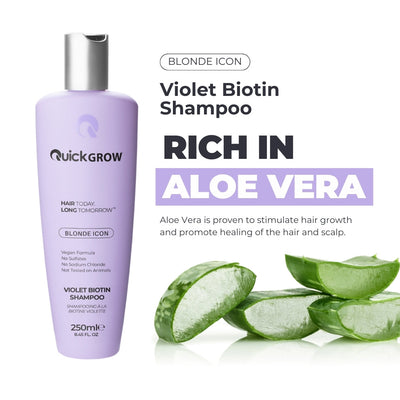 Aloe vera ingredient benefit graphic for Quick Grow Blonde Icon Violet Shampoo 250ml