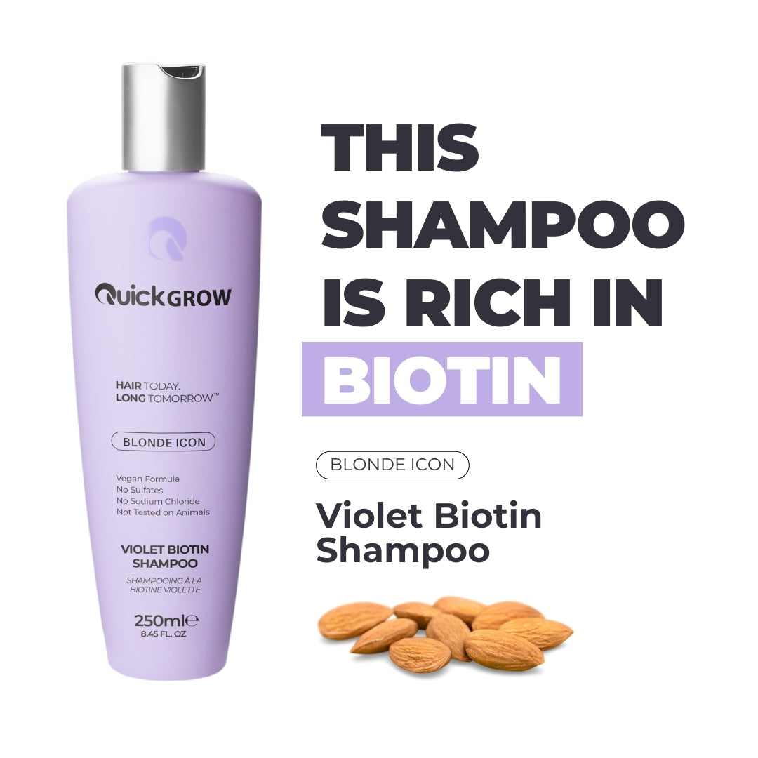 Biotin ingredient benefit graphic for Quick Grow Blonde Icon Violet Shampoo 250ml