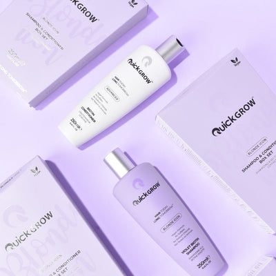 Quick Grow Blonde Icon haircare products in a flat-lay photograph