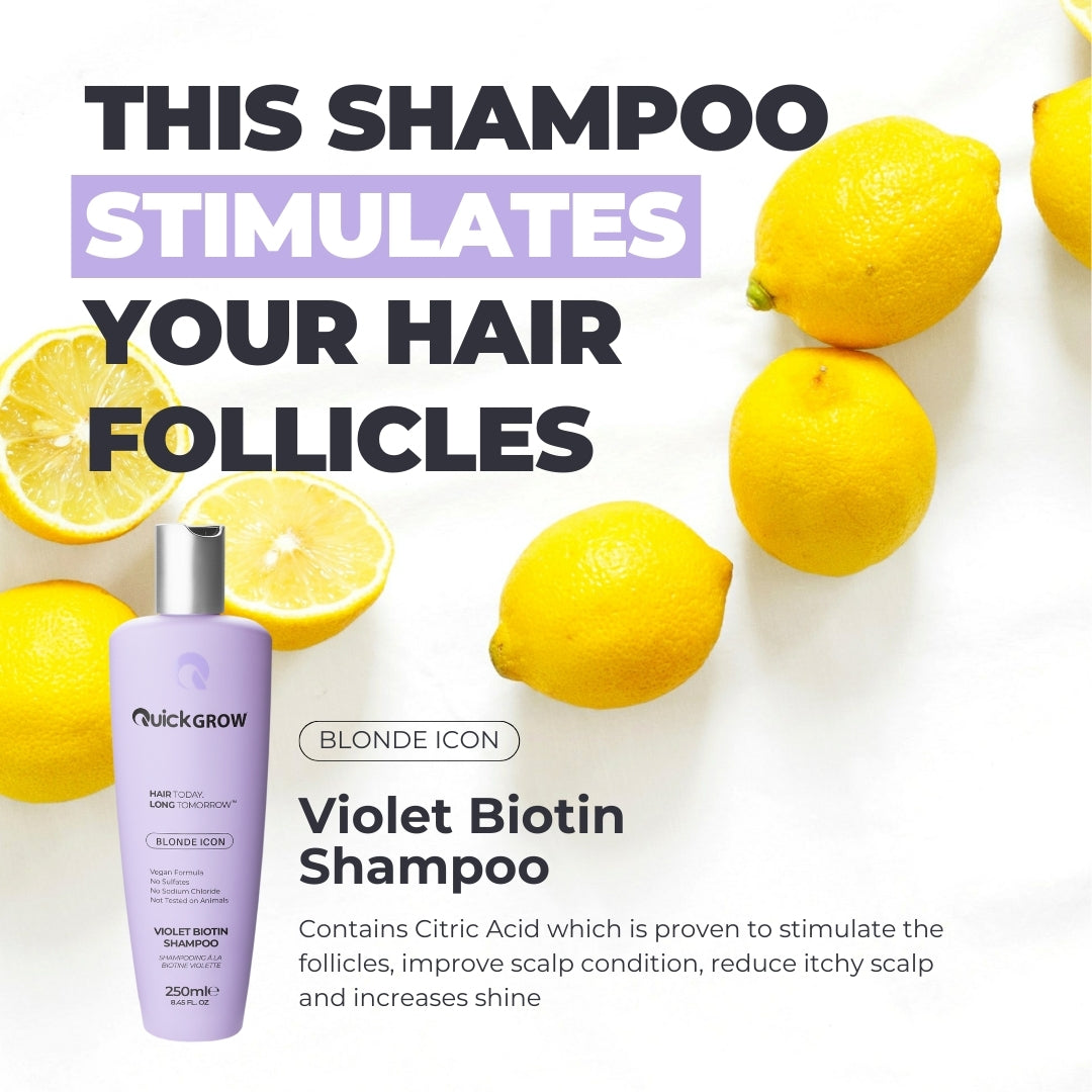 Official product and benefits graphic for Quick Grow Blonde Icon Violet Shampoo 250ml