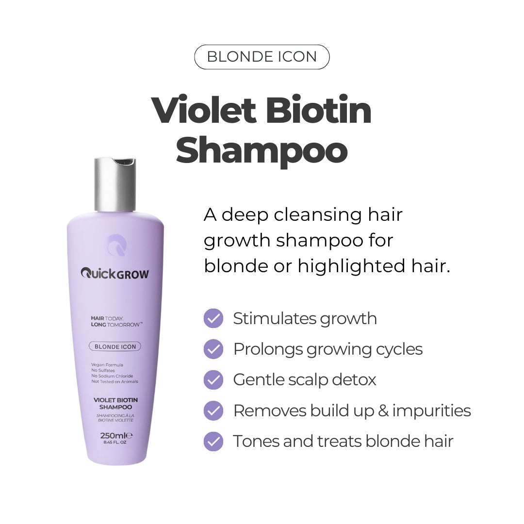 Biotin ingredient benefit graphic for Quick Grow Blonde Icon Violet Shampoo 250ml